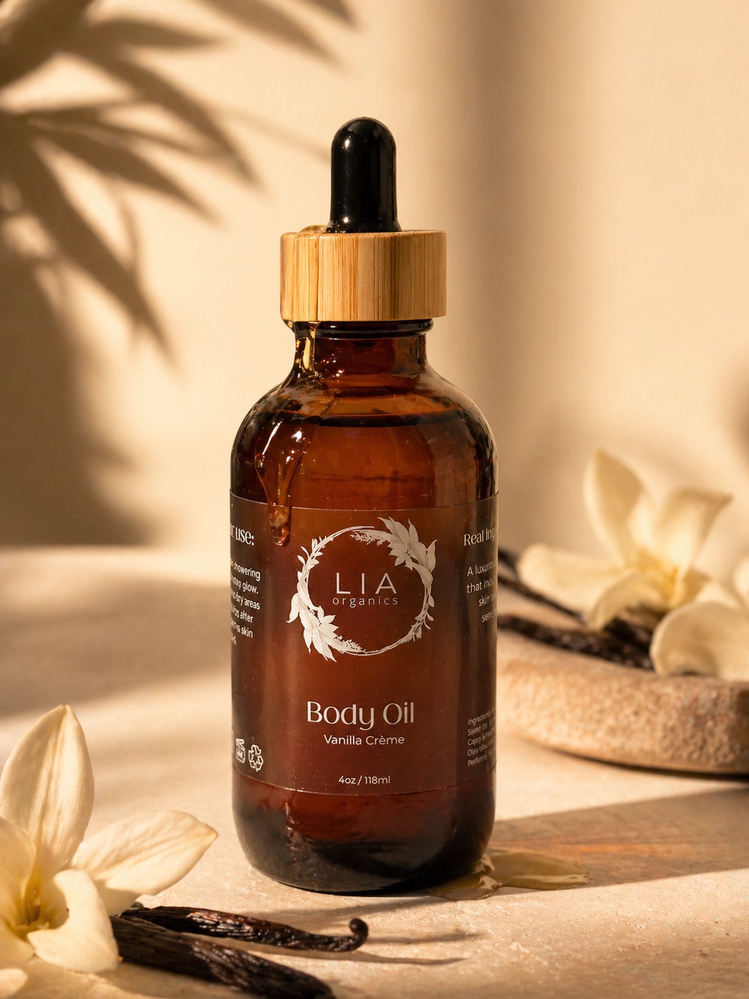 Lia Organics Vanilla Crème Body Oil, full-size 4 oz / 118 ml amber glass dropper bottle