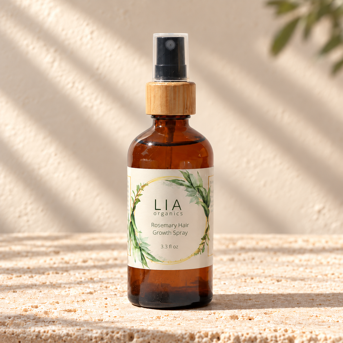 LIA Organics Rosemary Tonic, 3.3 fl oz, amber spray bottle.