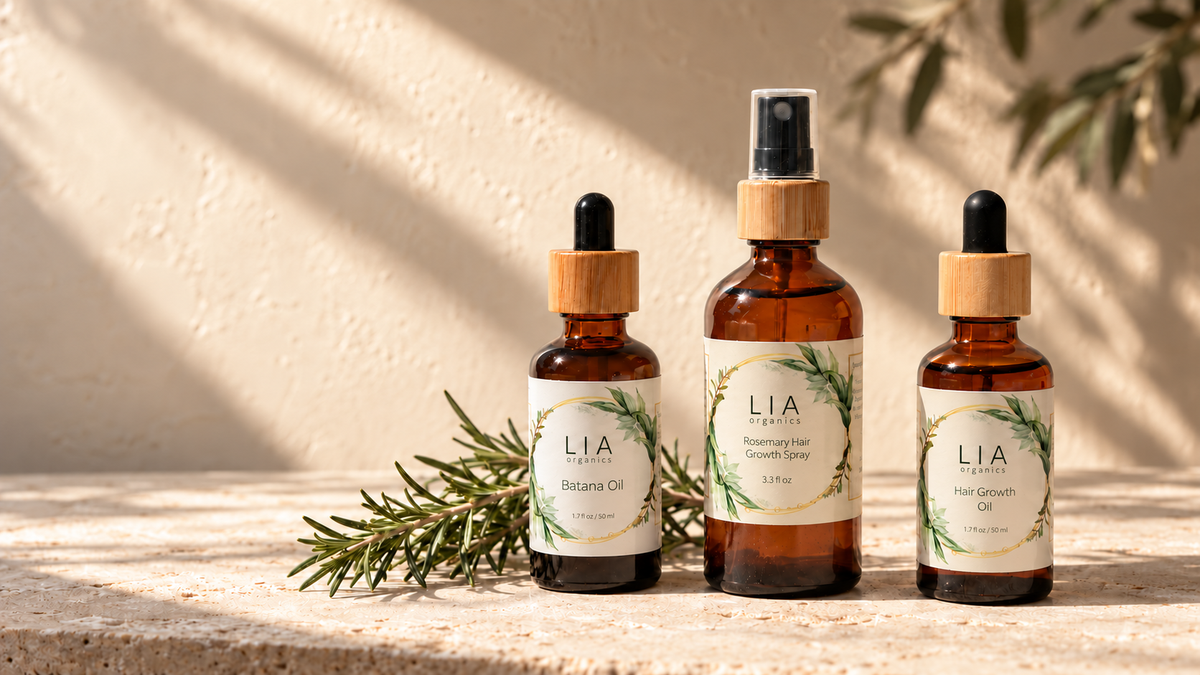 Lia Organics Triple Strength Bundle in warm natural light.