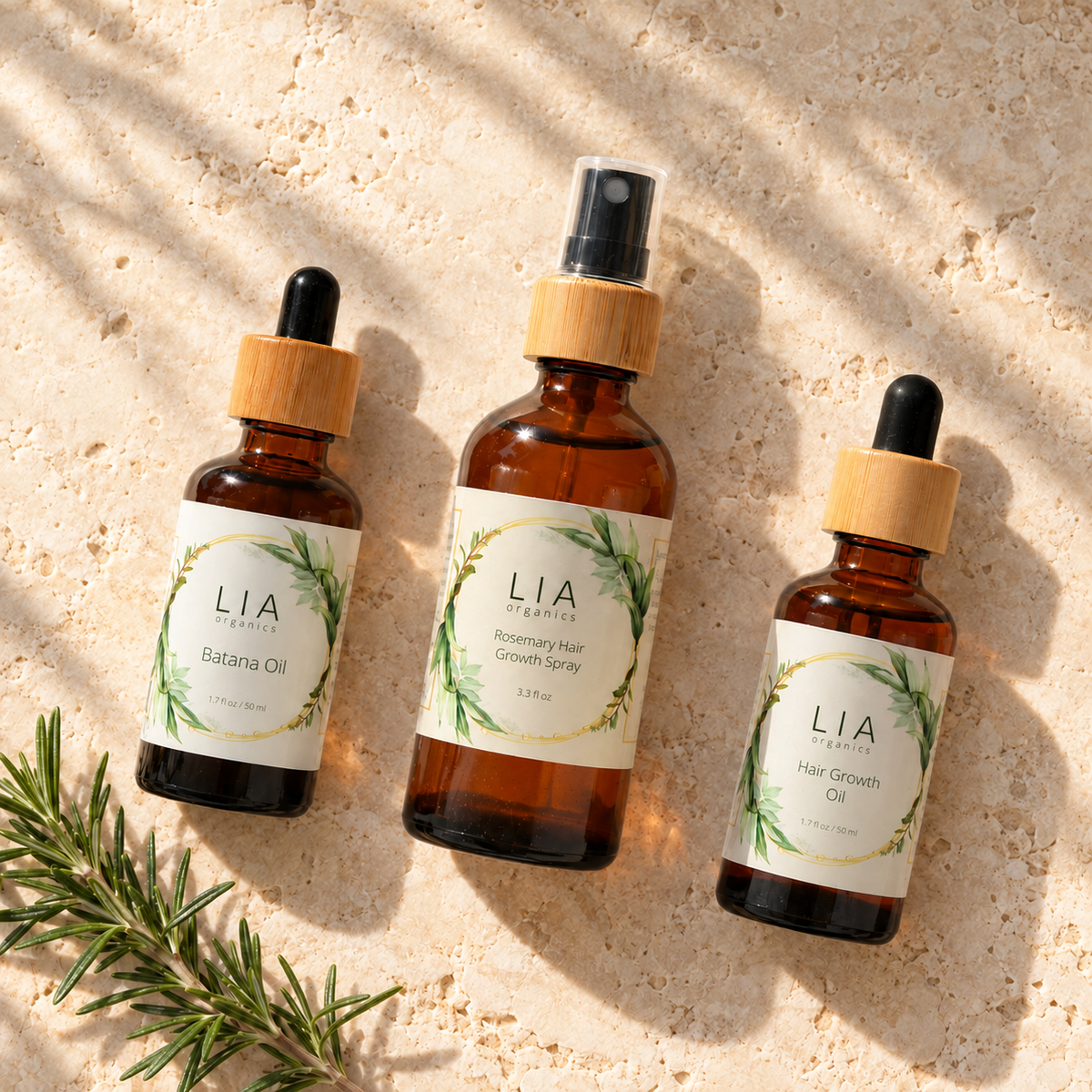 overhead view of Hair Oil, Rosemary Tonic and Batana Oil.